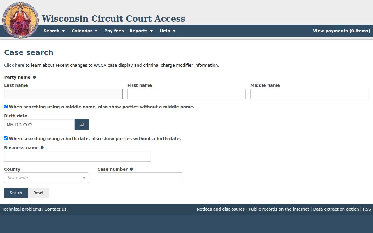 Brown County docket search WCCA screen